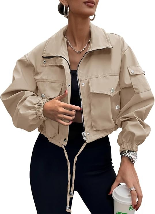 Lightweight Cropped Bomber Jacket With Pockets - 1