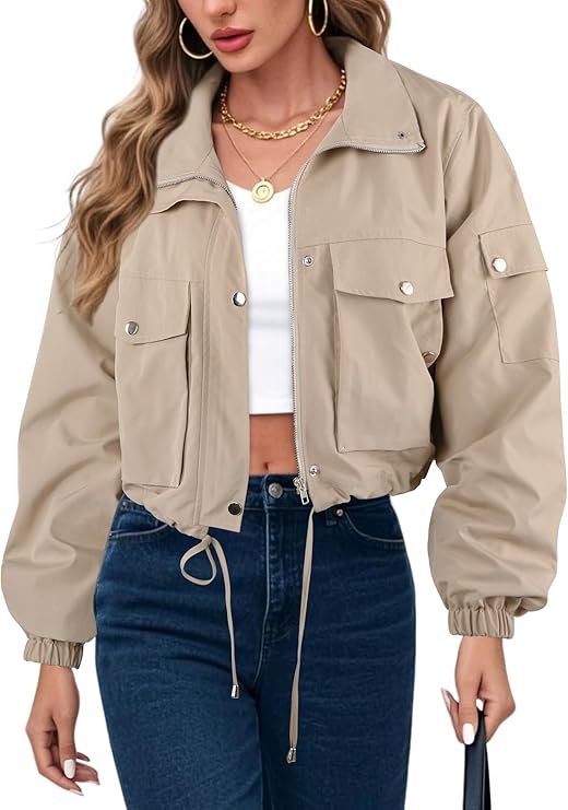 Lightweight Cropped Bomber Jacket With Pockets - 5