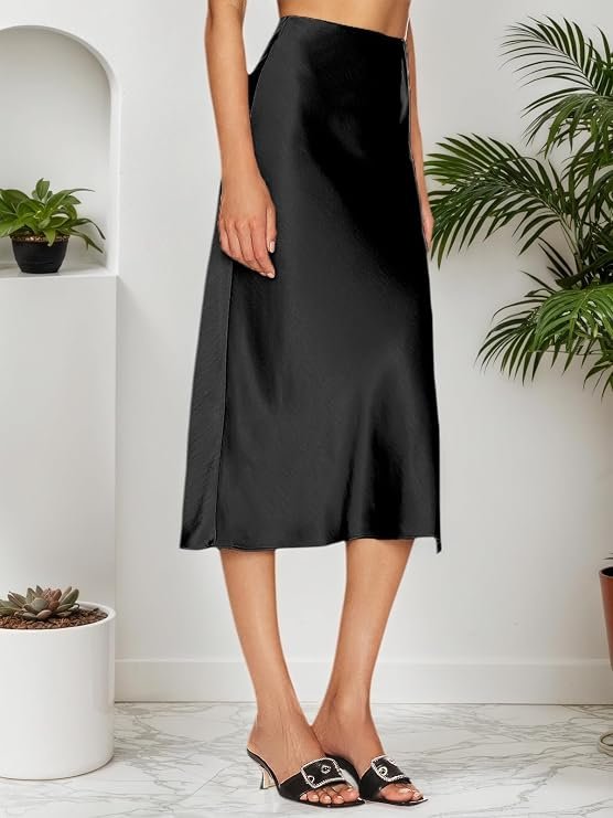 Satin High Waisted Slit Midi Skirt - 4